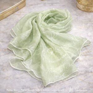Nina Ricci Paris-Seoul Pale Celadon Silk Chiffon Logo Vintage Scarf
